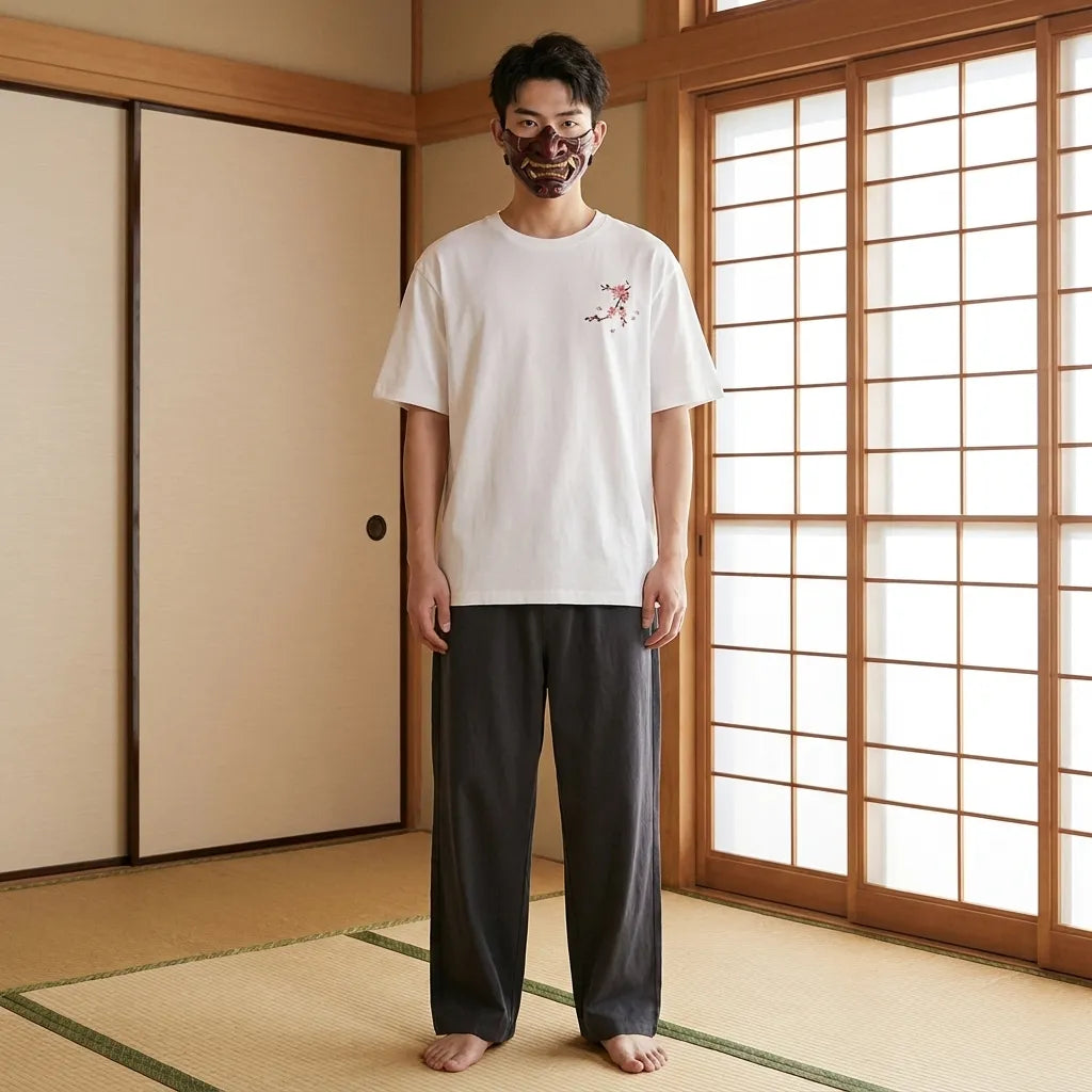 Chemise japonaise homme portée de face avec broderie florale