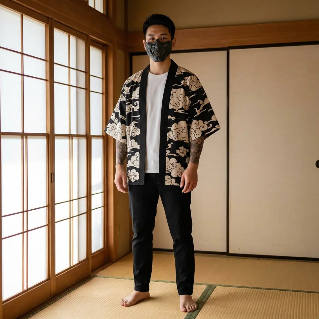 Haori Jacket Tsuru porté de face dans un salon japonais