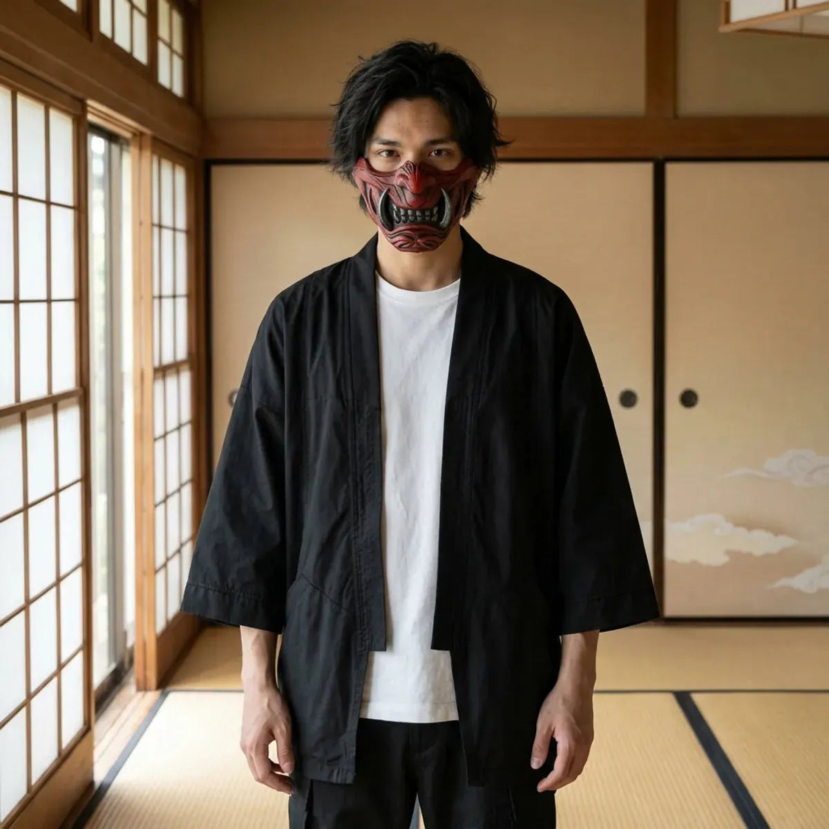 Masque samouraï démon : demi-masque oni rouge aux crocs argentés porté dans une pièce tatami japonaise