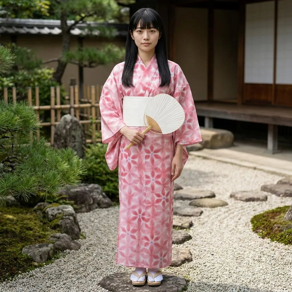 Détail du motif asanoha sur le tissu rose du yukata femme
