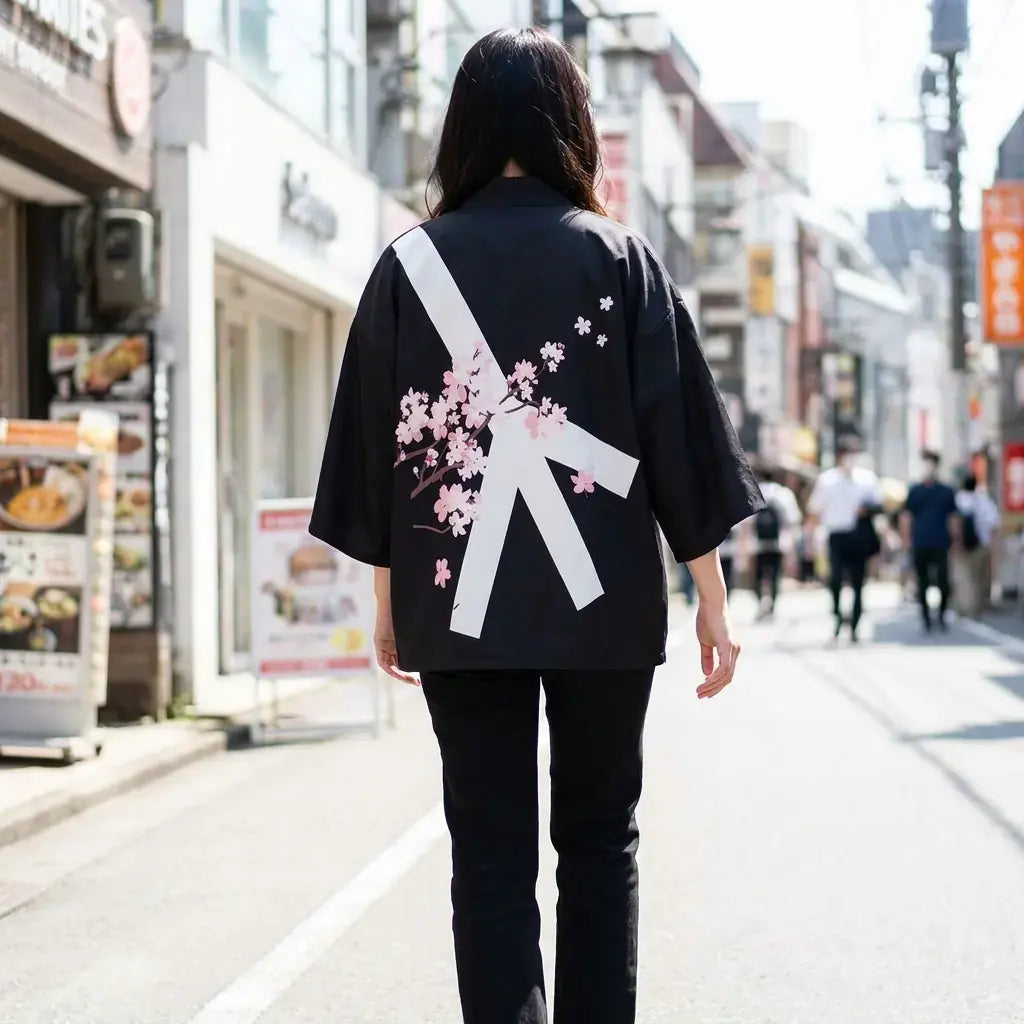 Kimono Fleuri porté par une femme dans une piÚce japonaise traditionnelle