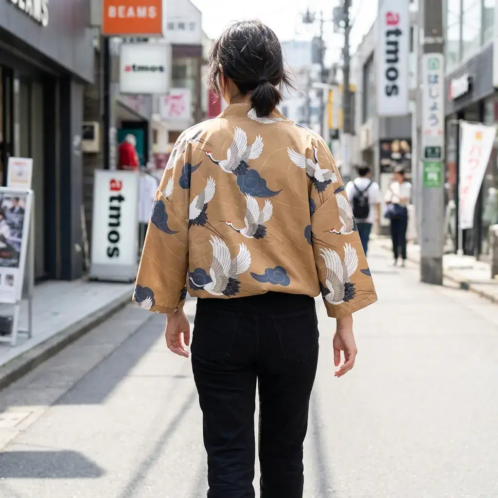 Haori Yukata porté par une femme dans une pièce japonaise traditionnelle