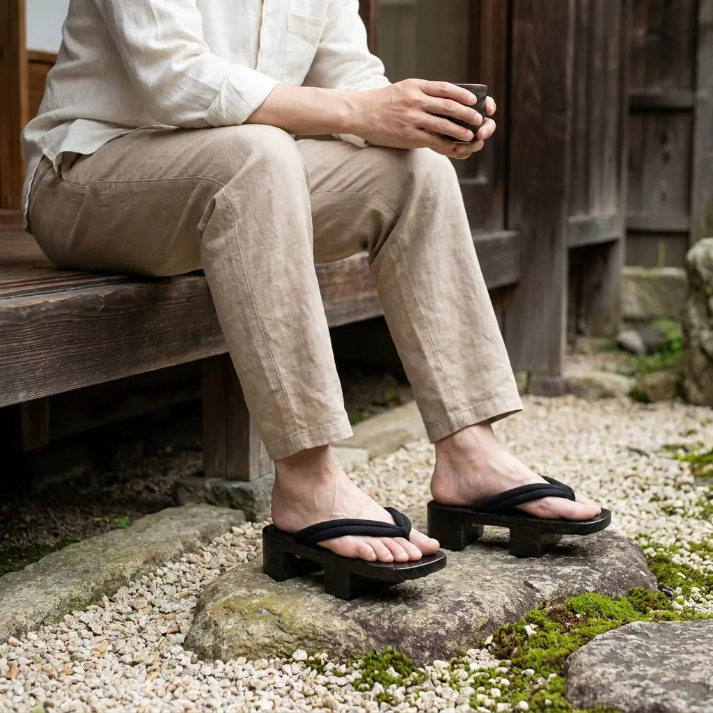 Sandales geta femme portées avec des chaussettes tabi blanches dans un jardin japonais