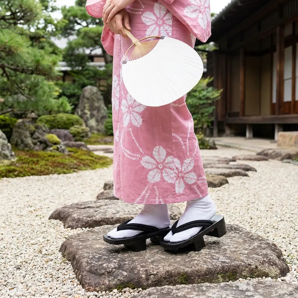 Geta femme cordée noire portée avec un kimono rose dans un jardin japonais