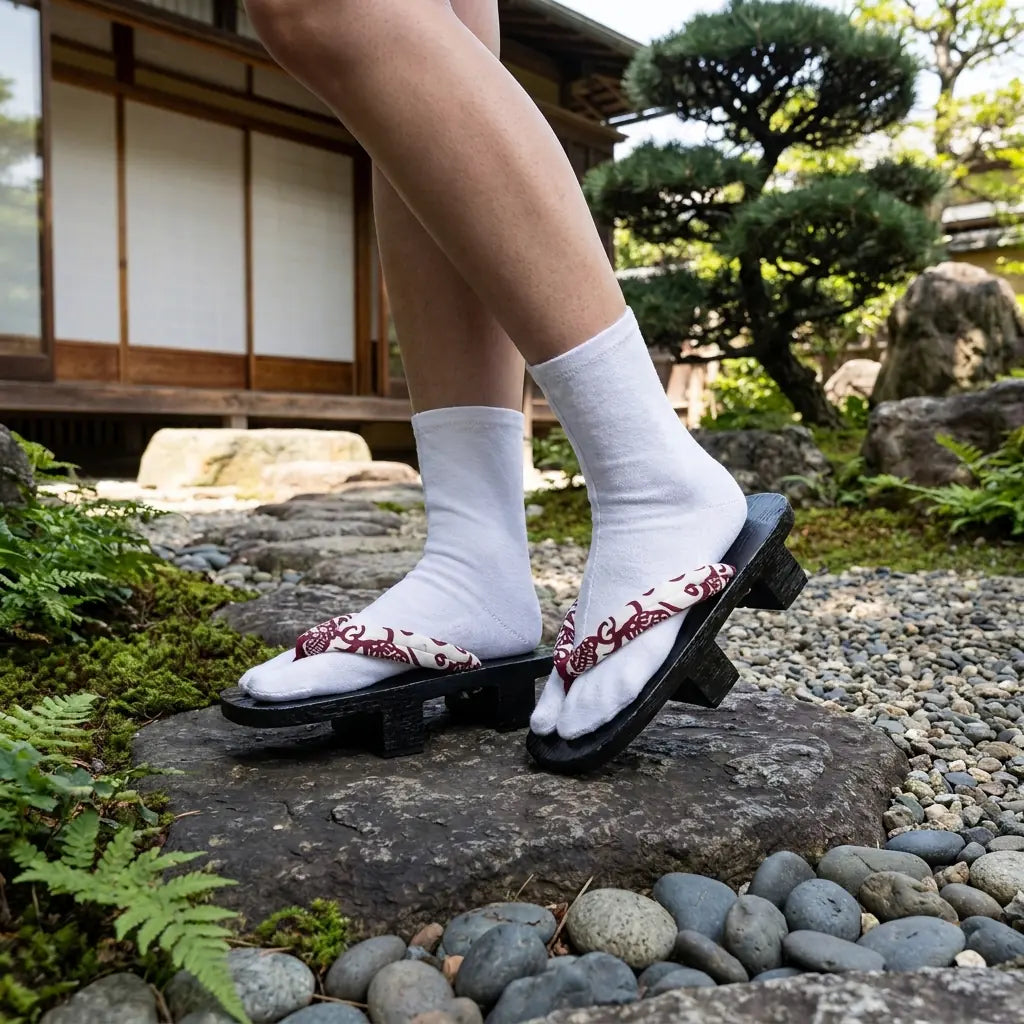 Sandales geta au hanao bordeaux et bois foncé dans un jardin japonais