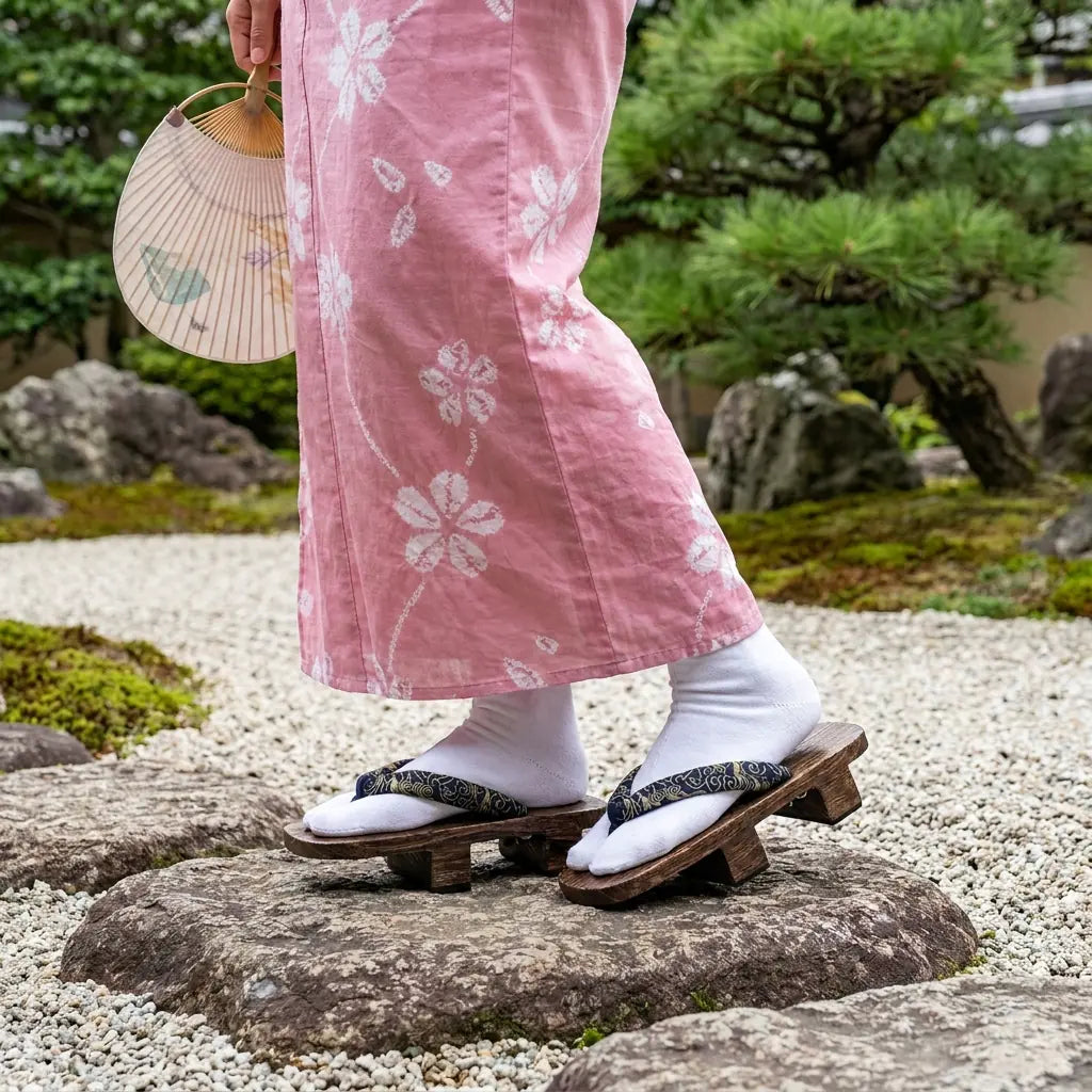 Geta portées avec un kimono rose dans un jardin japonais