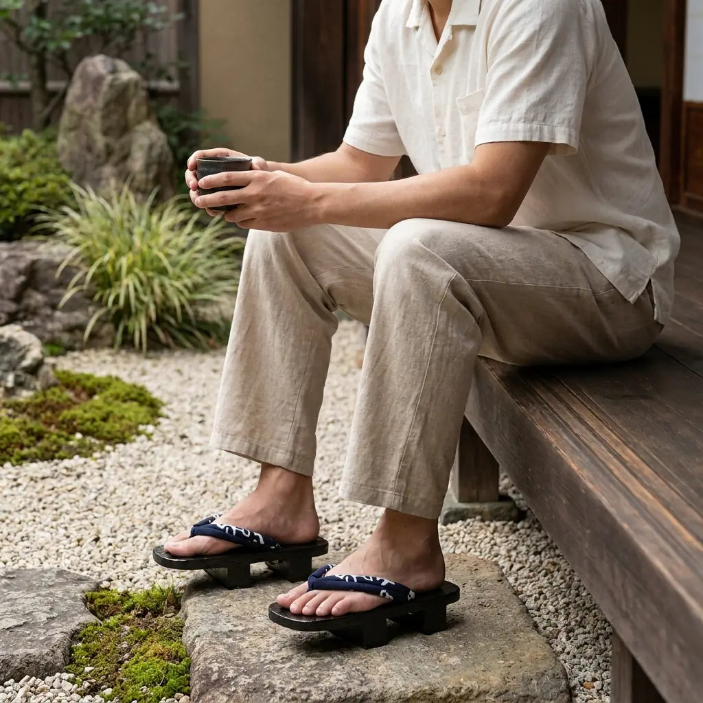 Geta porté avec des chaussettes tabi japonaises