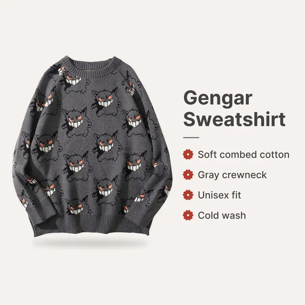 Sweat Gengar : coton peigné doux, lavage à froid, coupe oversize ample, tailles unisexes disponibles.