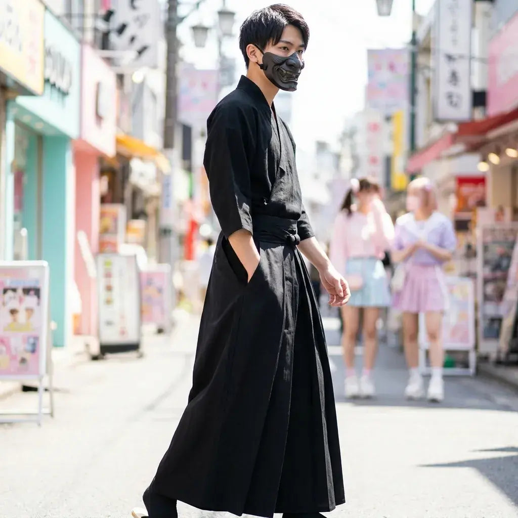 Hakama Noir porté par un homme dans une pièce japonaise traditionnelle, vue de face