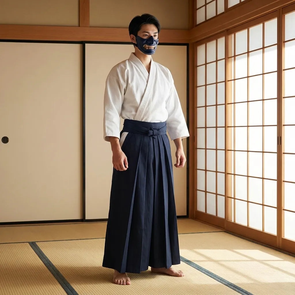 Hakama noir pour kendo porté avec keikogi blanc