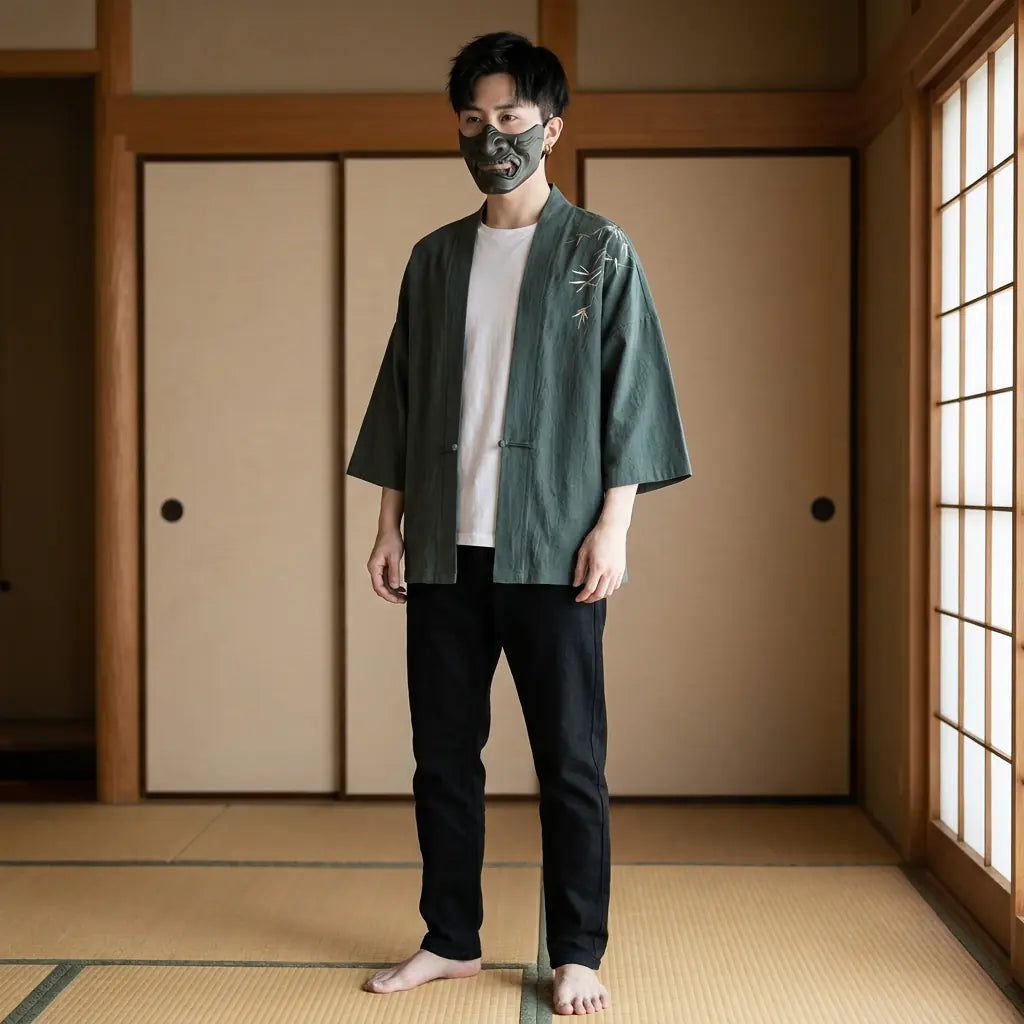 Homme portant un haori bambou vert dans une pièce traditionnelle japonaise, vue de face