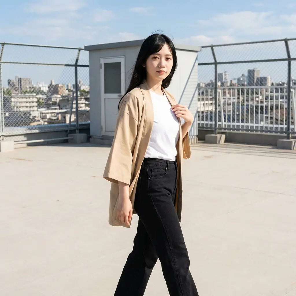 Cardigan haori beige porté sur un toit, le devant ouvert tenu par la mannequin