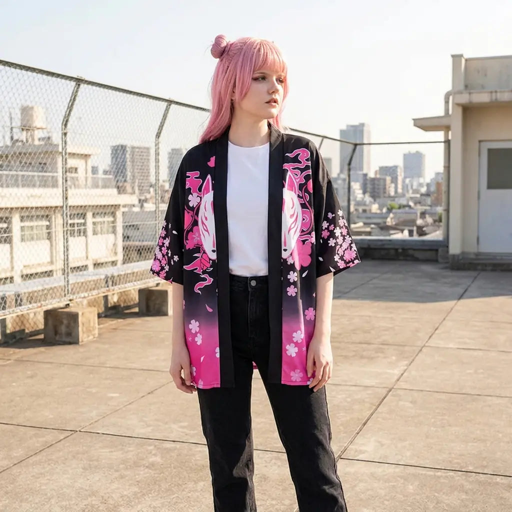 Haori dégradé rose porté sur un toit, la couleur s'intensifiant vers l'ourlet