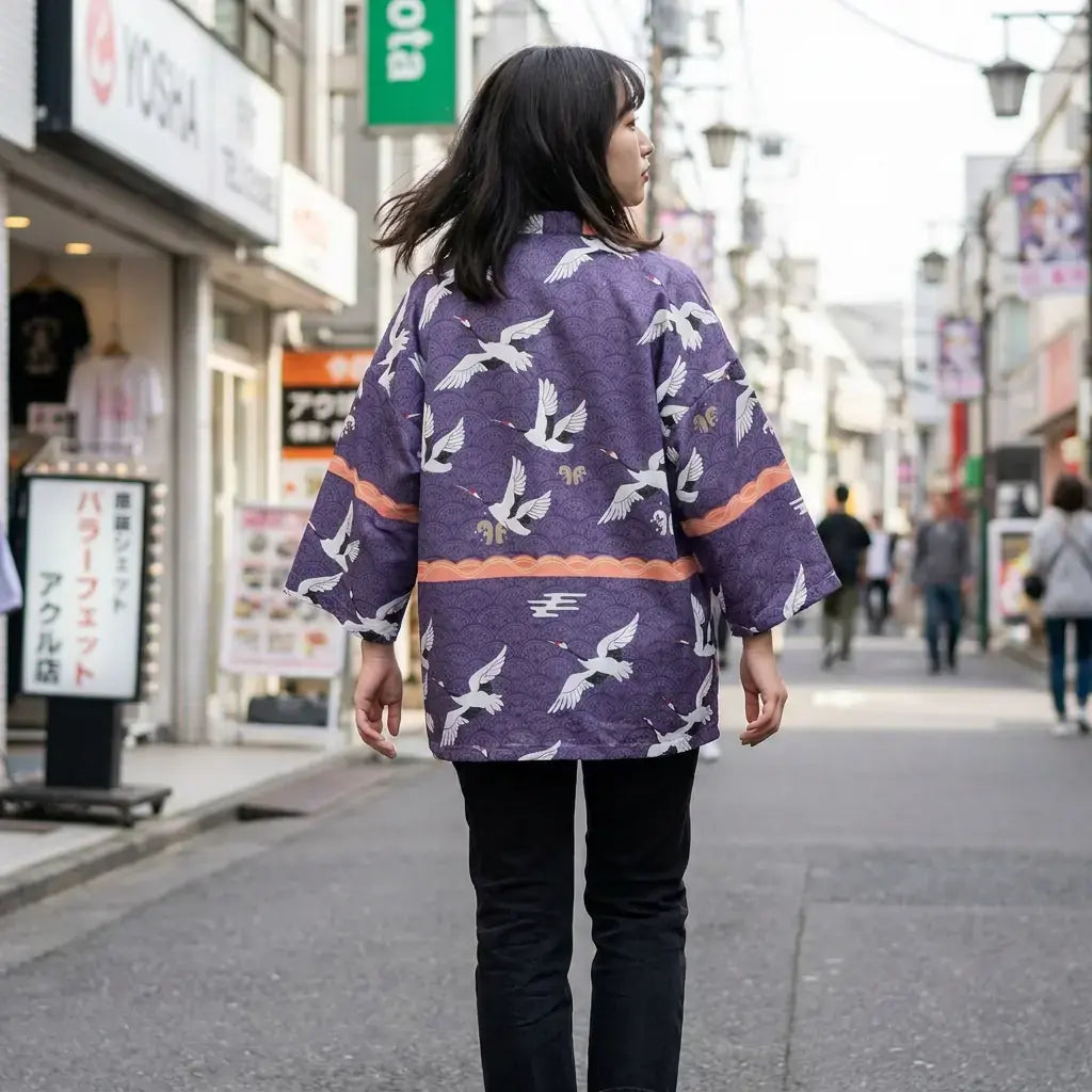 Haori Tokyo porté par une femme dans une pièce japonaise traditionnelle