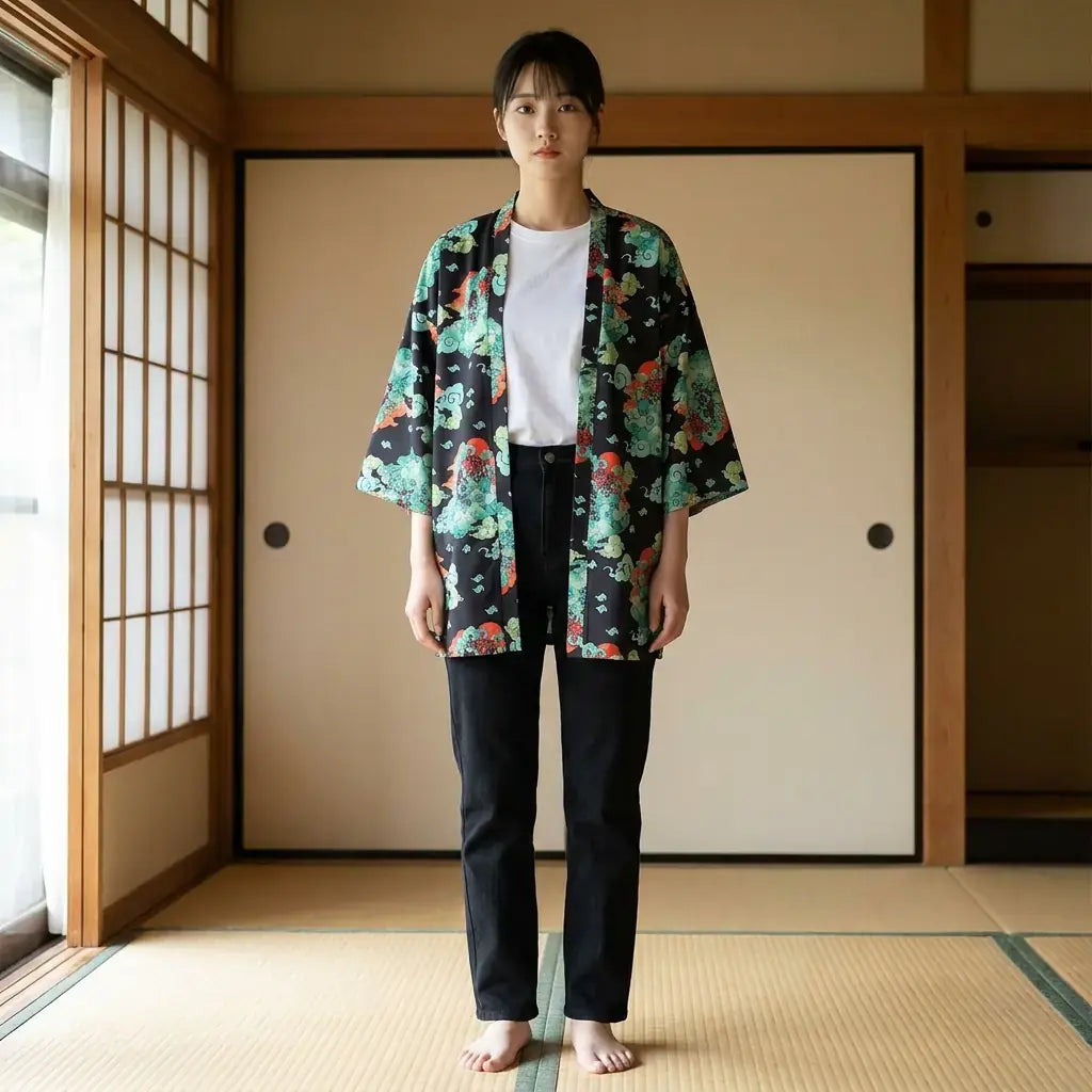 Streetwear Haori porté par une femme dans une pièce japonaise traditionnelle