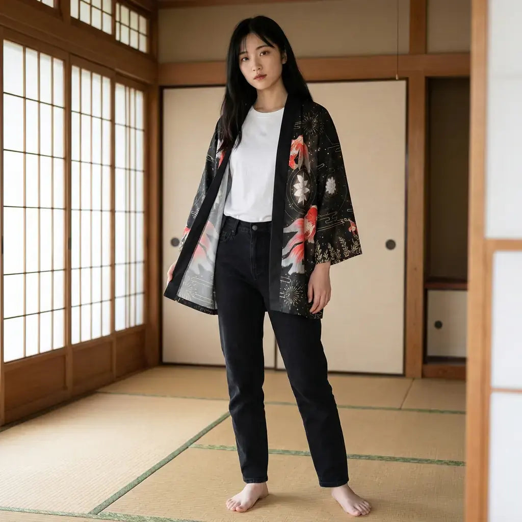 Soulive Haori porté par une femme dans une pièce japonaise traditionnelle