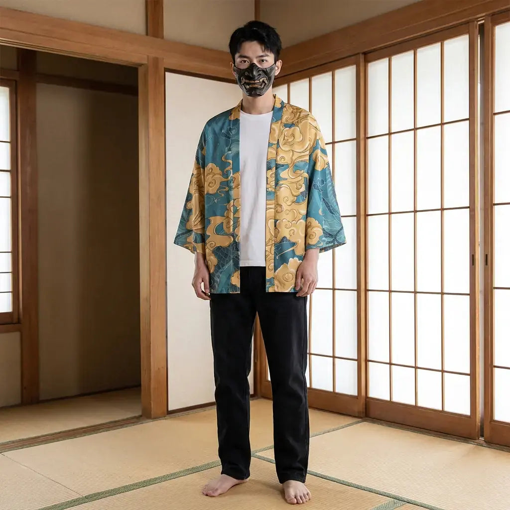 Haori Harajuku porté par un homme dans une pièce japonaise traditionnelle, vue de face