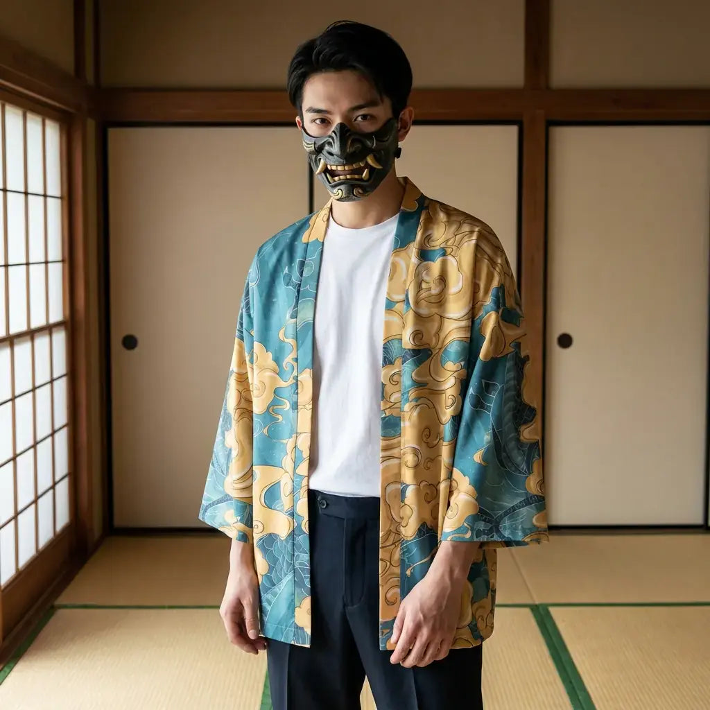 Haori Harajuku porté par un homme dans une pièce japonaise traditionnelle, vue de face