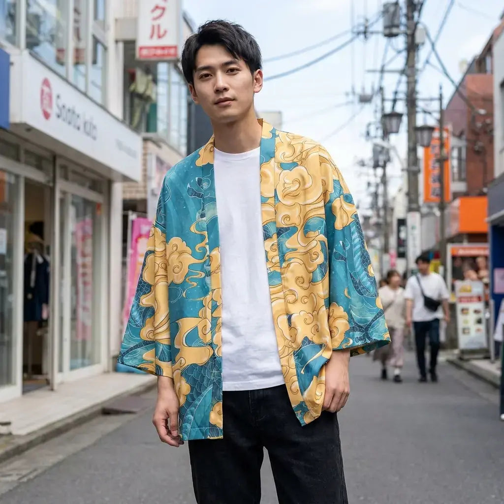 Haori Harajuku porté par un homme dans une pièce japonaise traditionnelle, vue de face