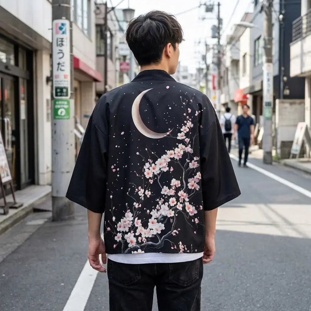 Haori Homme Lune porté par un homme dans une pièce japonaise traditionnelle, vue de face