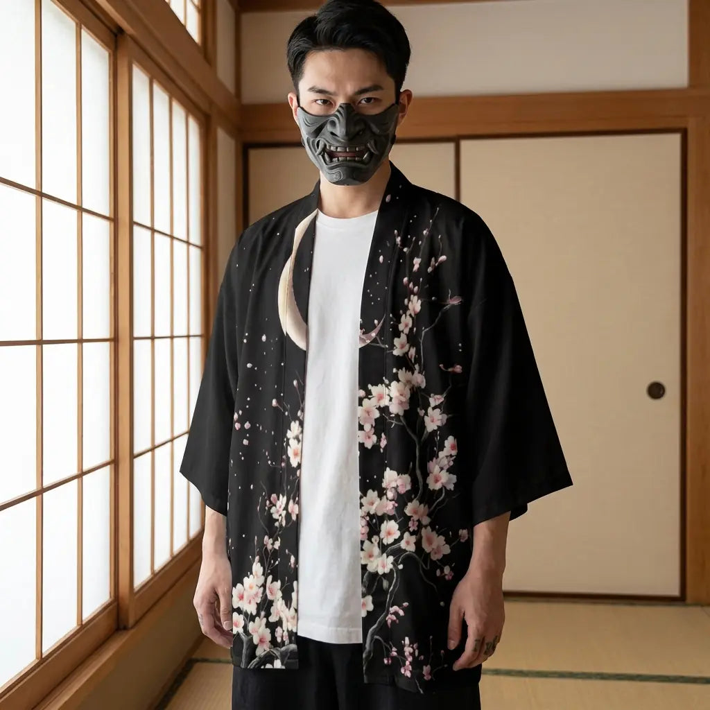 Homme portant un haori lune dans une pièce japonaise washitsu avec cloisons shoji, vue de face buste
