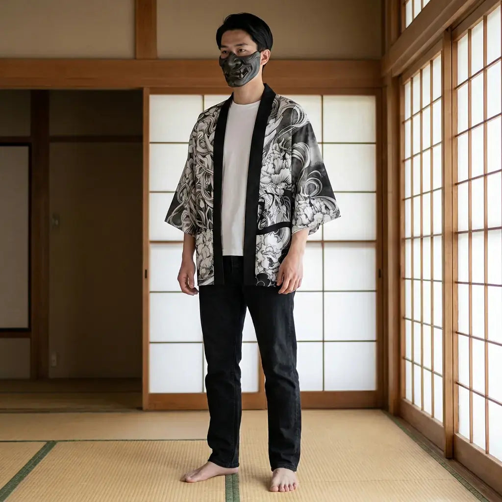 Veste Kimono Homme porté par un homme dans une pièce japonaise traditionnelle, vue de face