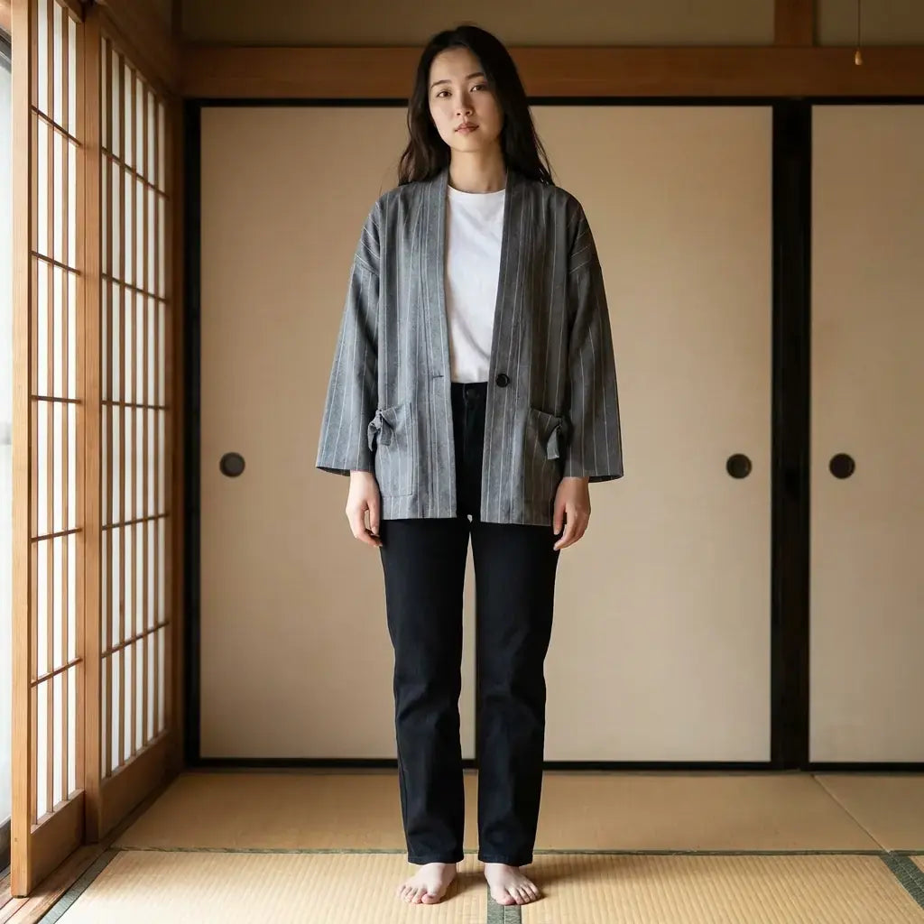 Haori Jacket Tsuru porté par un homme dans une pièce japonaise traditionnelle, vue de face