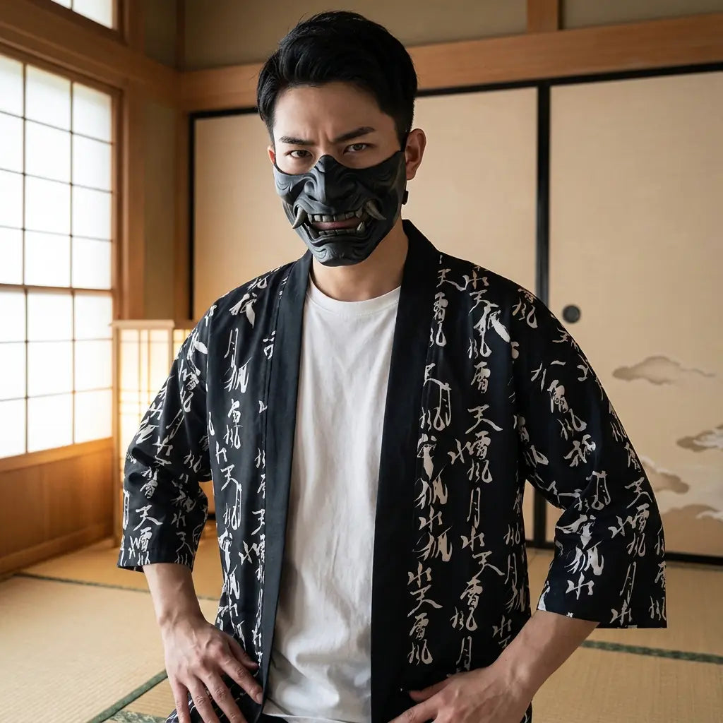 Homme portant un haori kanji noir dans un washitsu japonais avec des shoji, vue de face taille haute