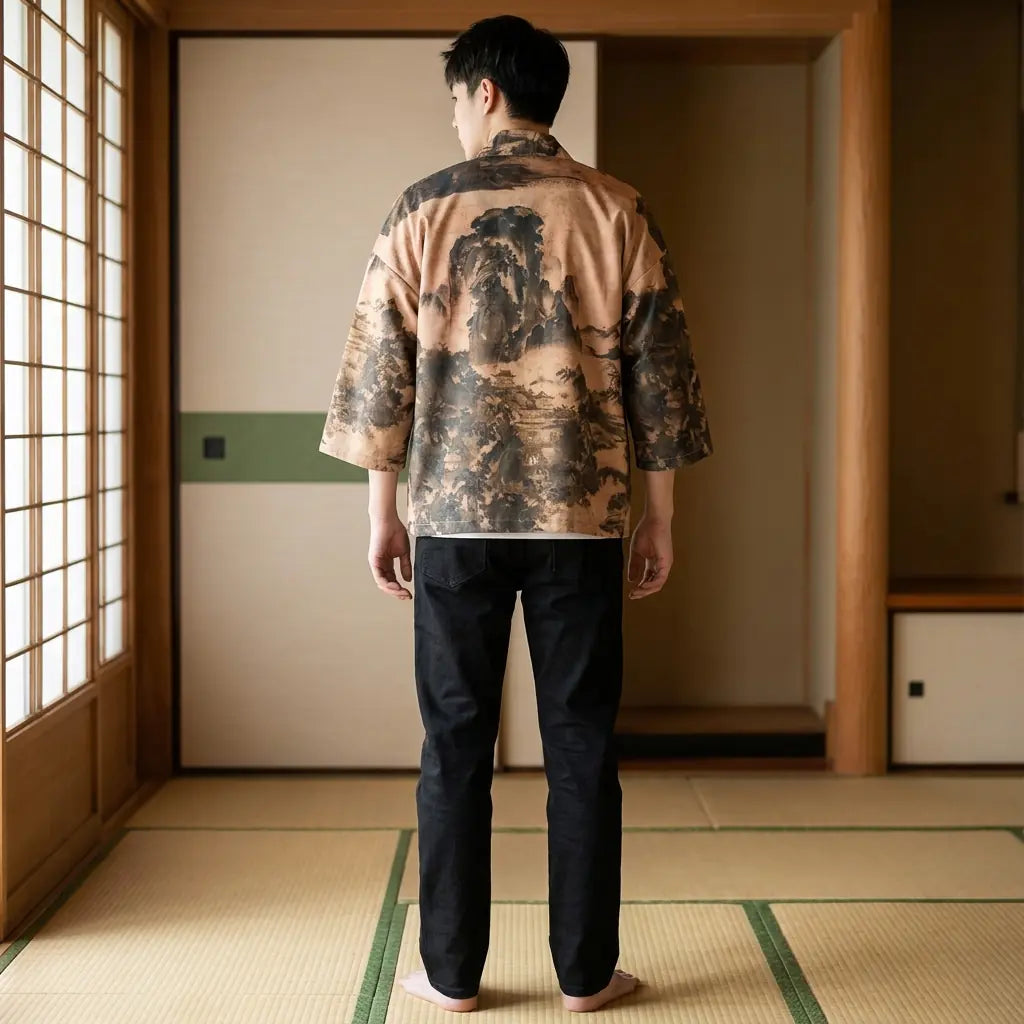 Vue de dos d'un haori streetwear dans une pièce washitsu, motif complet visible
