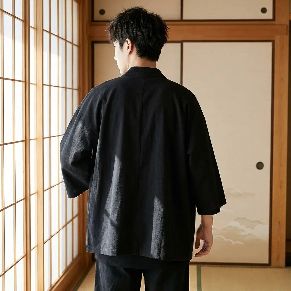 Vue arrière du haori noir homme en coton