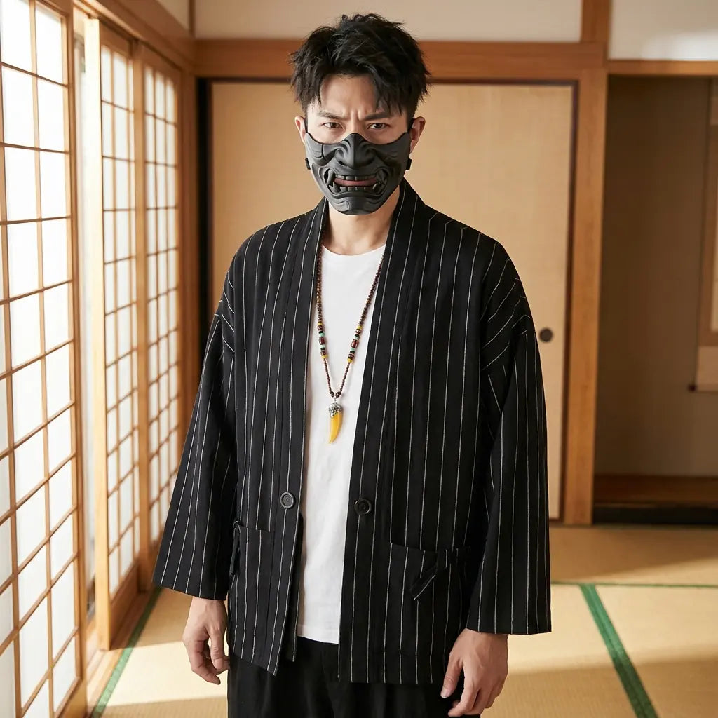 Homme portant un haori noir dans une pièce japonaise traditionnelle avec des shoji, vue de face taille