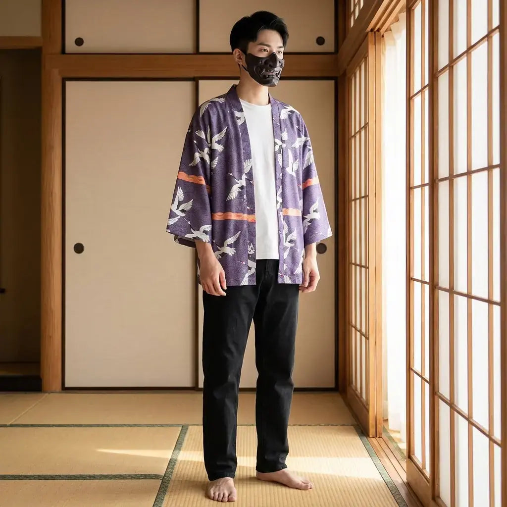 Haori Tokyo porté par un homme dans une pièce japonaise traditionnelle, vue de face