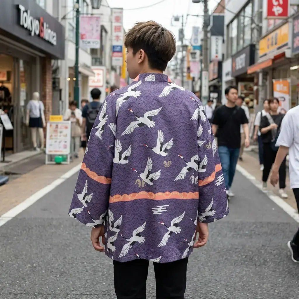 Haori Tokyo porté par un homme dans une pièce japonaise traditionnelle, vue de face