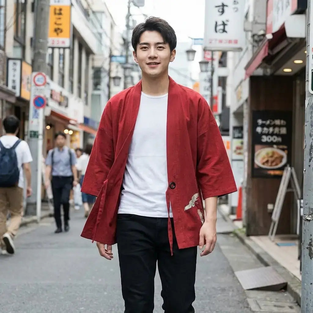Haori Traditionnel porté par un homme dans une pièce japonaise traditionnelle, vue de face