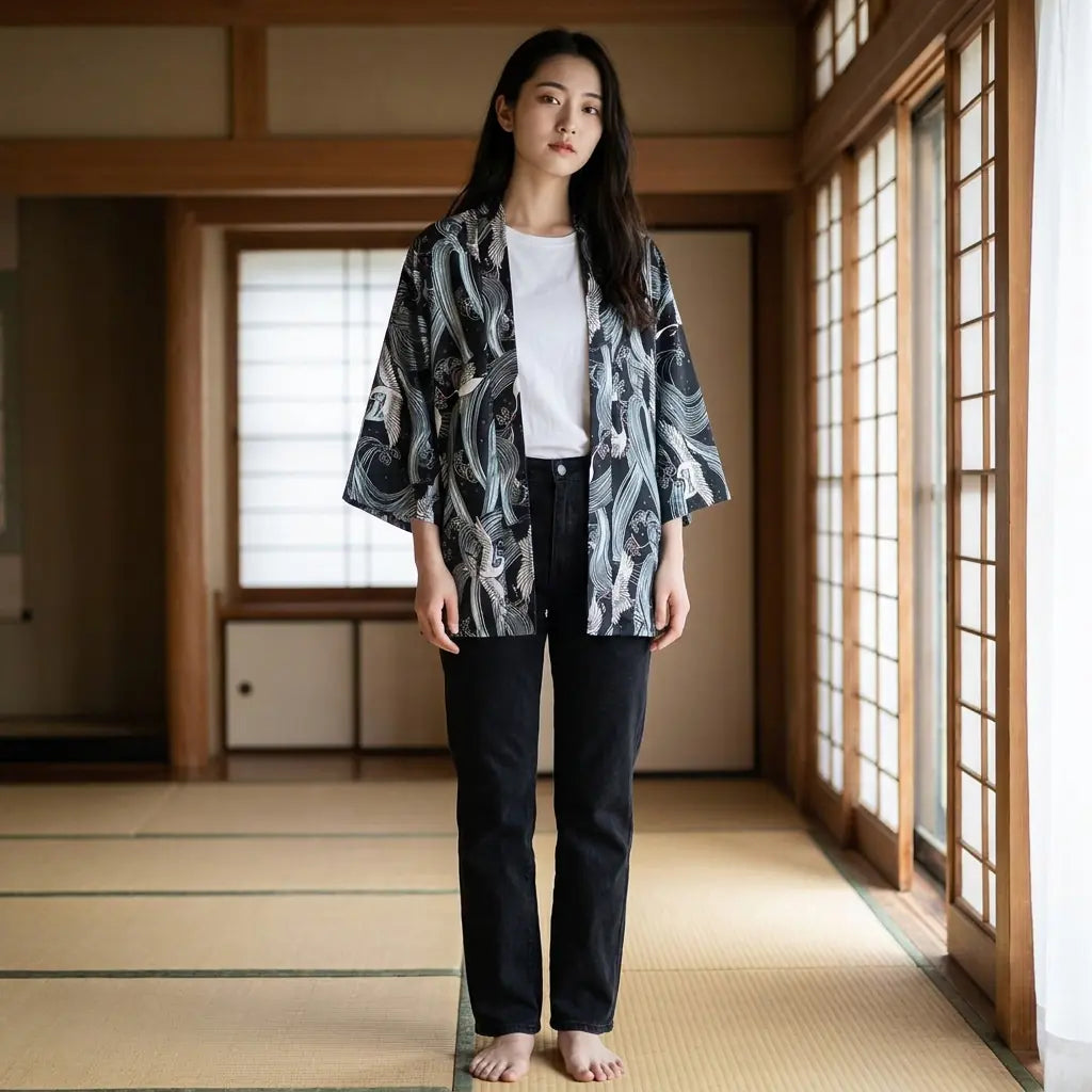 Femme portant un haori unisexe dans un washitsu avec tatamis et shoji