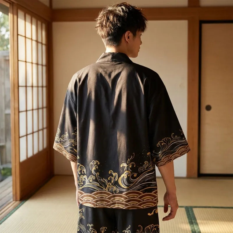 Détail du dos de la veste haori vague japonaise