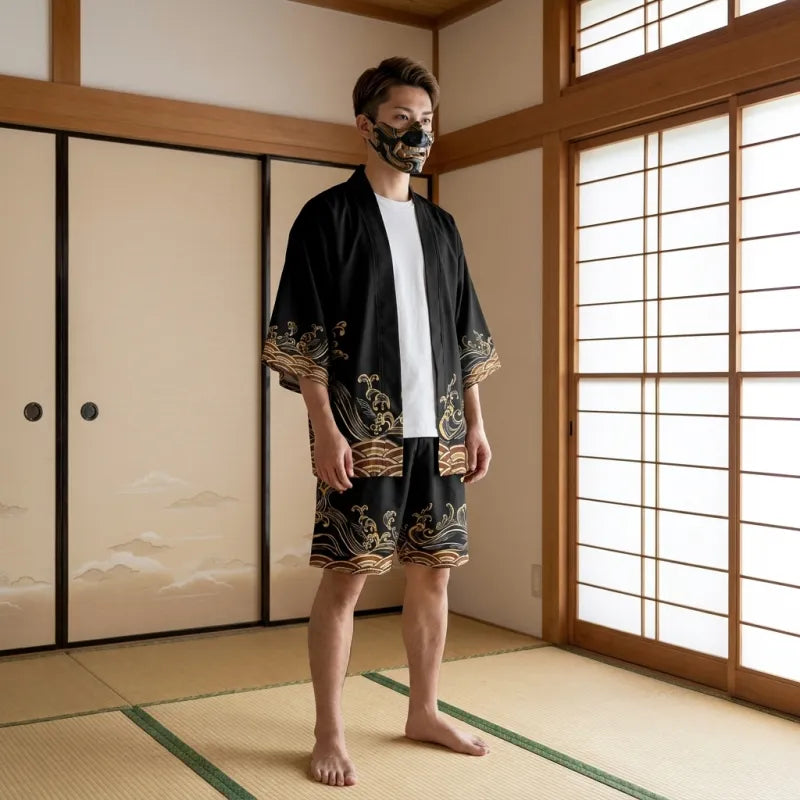Haori vague japonaise porté de face