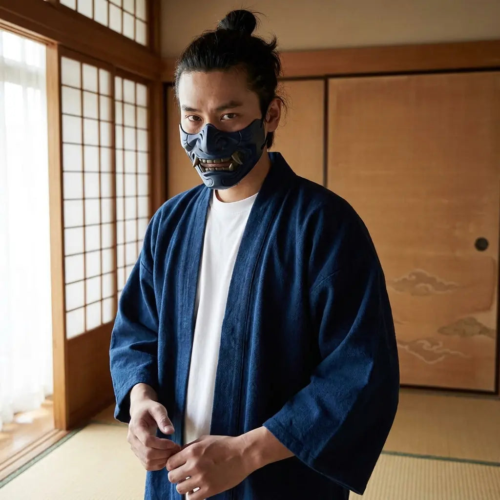 Homme portant un haori vintage en coton dans une pièce japonaise traditionnelle avec shoji, vue de face taille