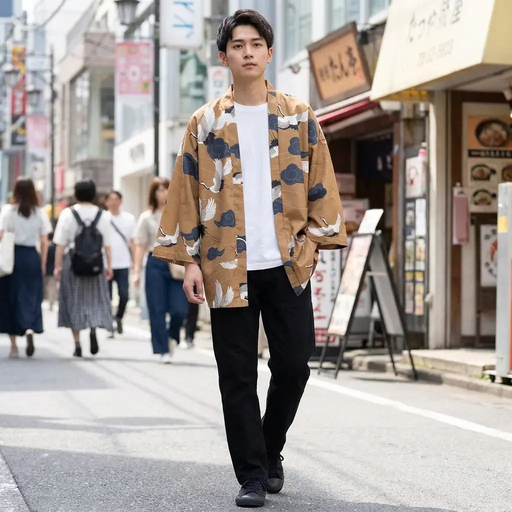 Haori Yukata porté par un homme dans une pièce japonaise traditionnelle, vue de face