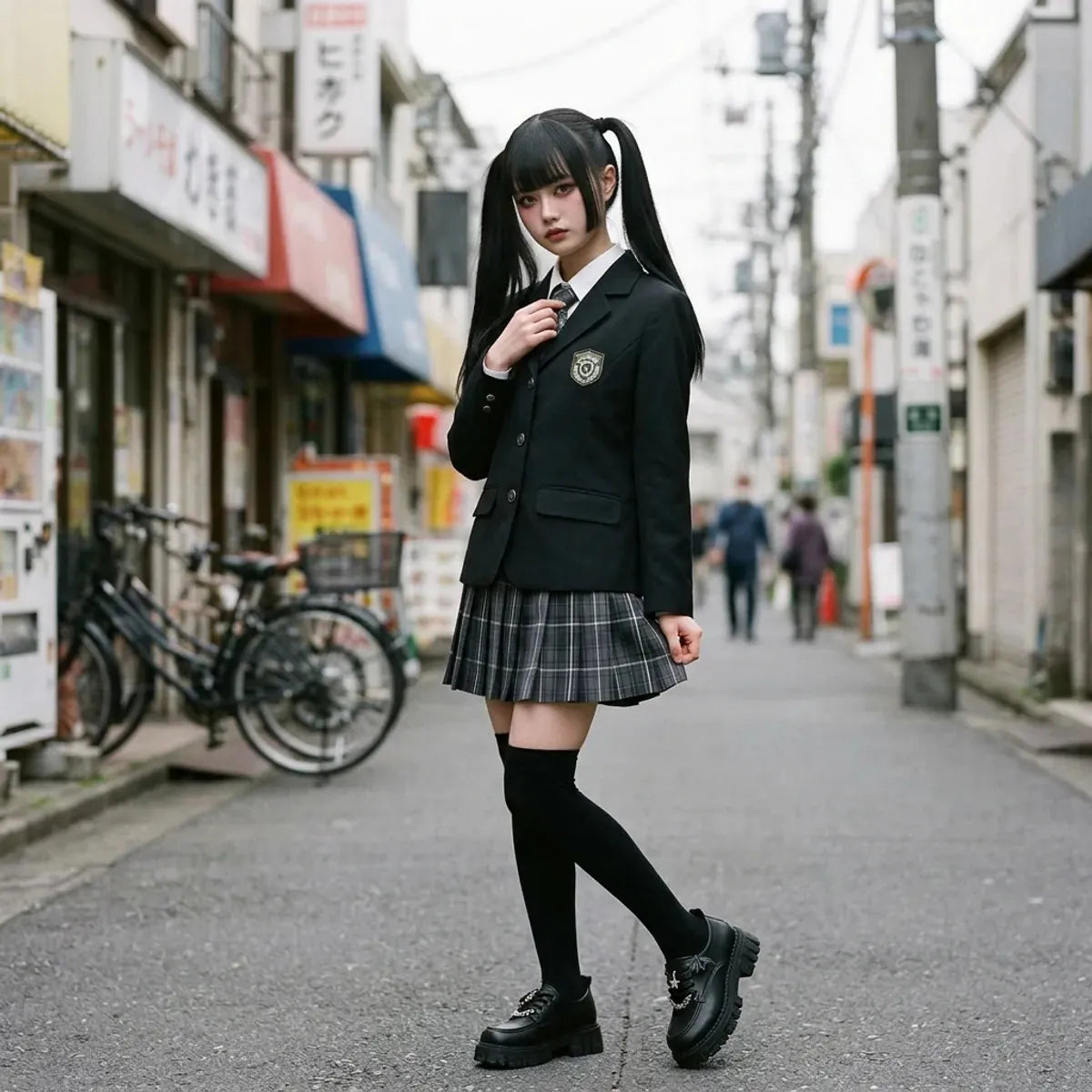 L'uniforme scolaire japonais vu de trois quarts à Harajuku, blazer noir, jupe plissée à carreaux et longues chaussettes noires
