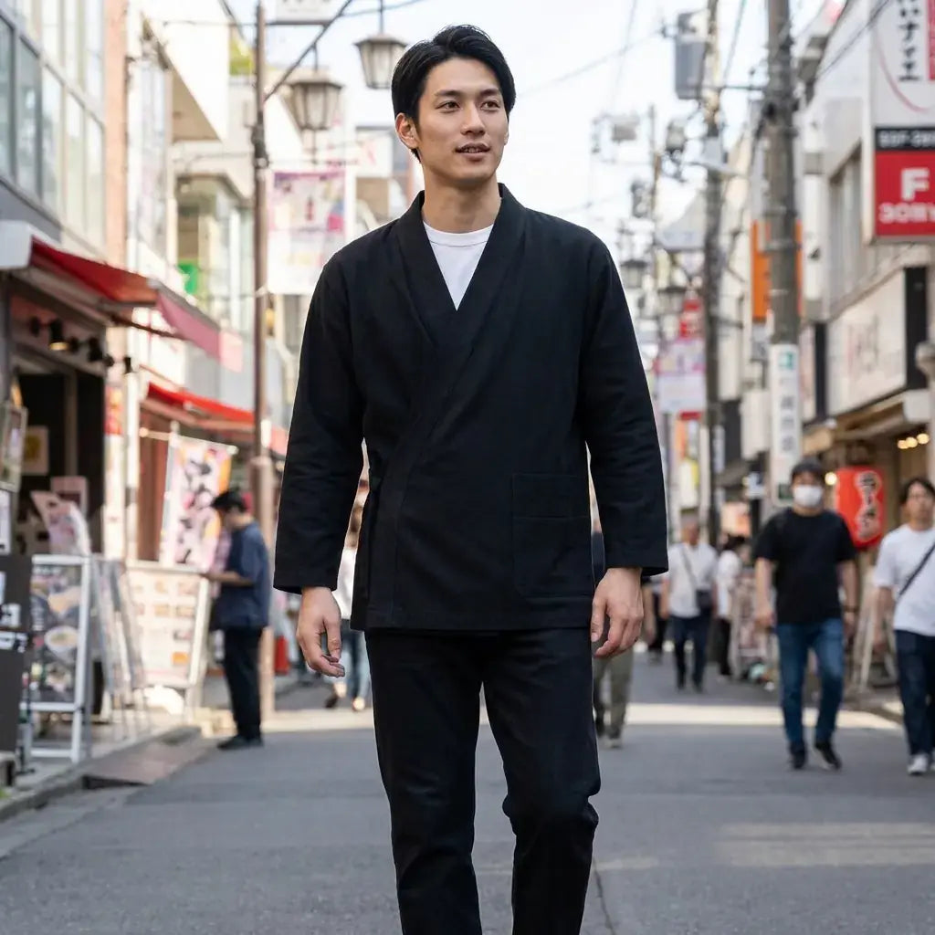 Kimono Cardigan porté par un homme dans une pièce japonaise traditionnelle, vue de face