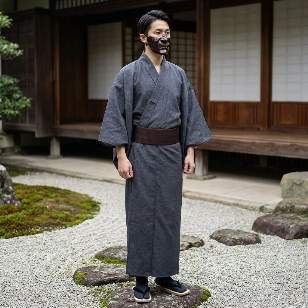 Kimono homme casual gris-indigo vue de face