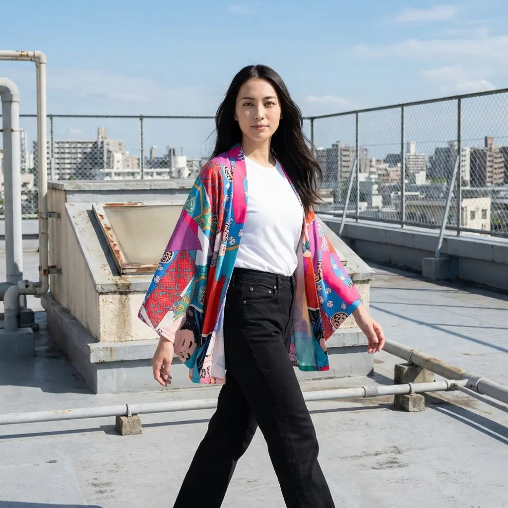 Kimono coloré femme porté sur un toit en ville avec un imprint patchwork bleu, rose et rouge