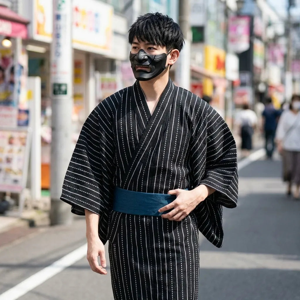 Kimono cosplay noir homme porté de face