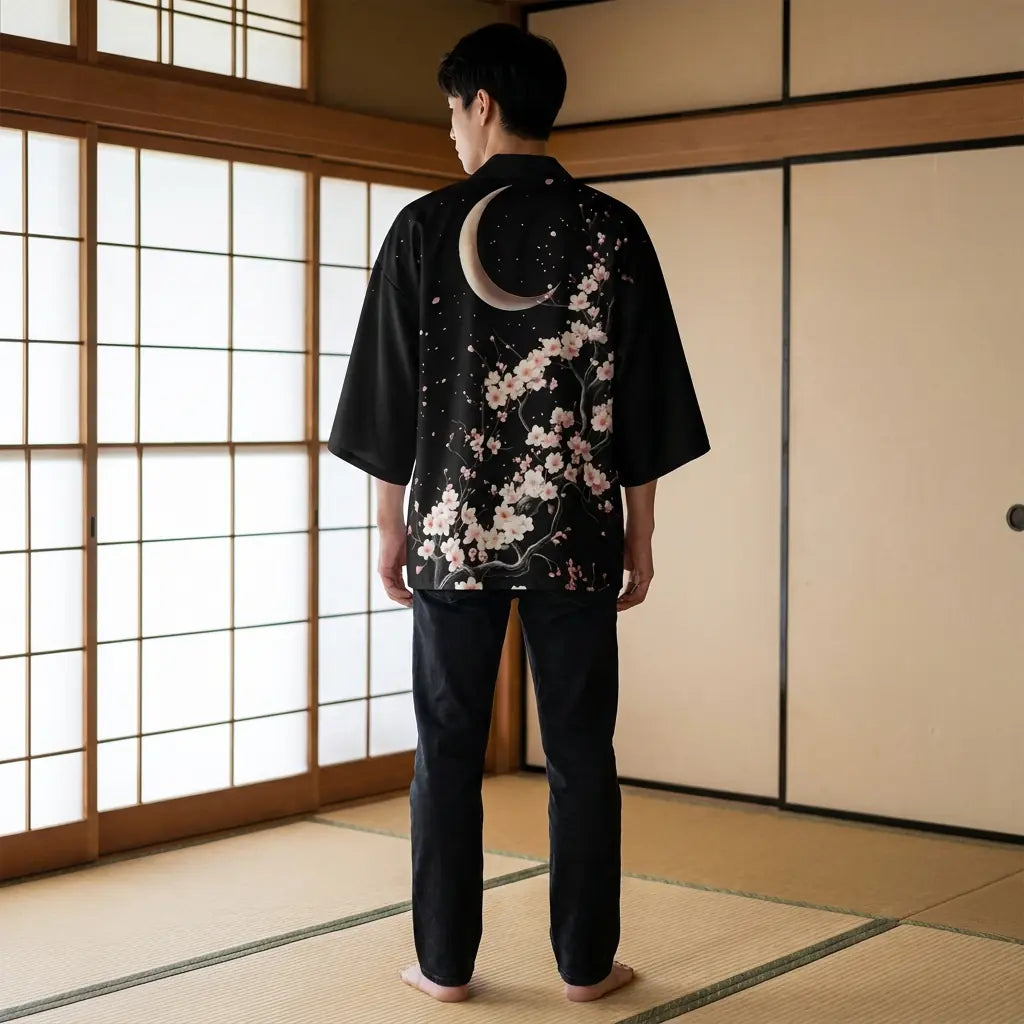Vue de dos d'un haori lune dans une pièce washitsu, montrant le motif complet au dos