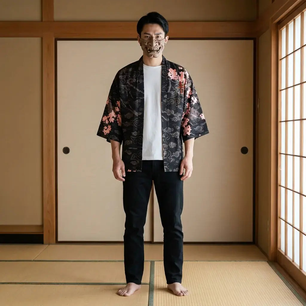 Kimono Dragon Homme porté par un homme dans une pièce japonaise traditionnelle, vue de face