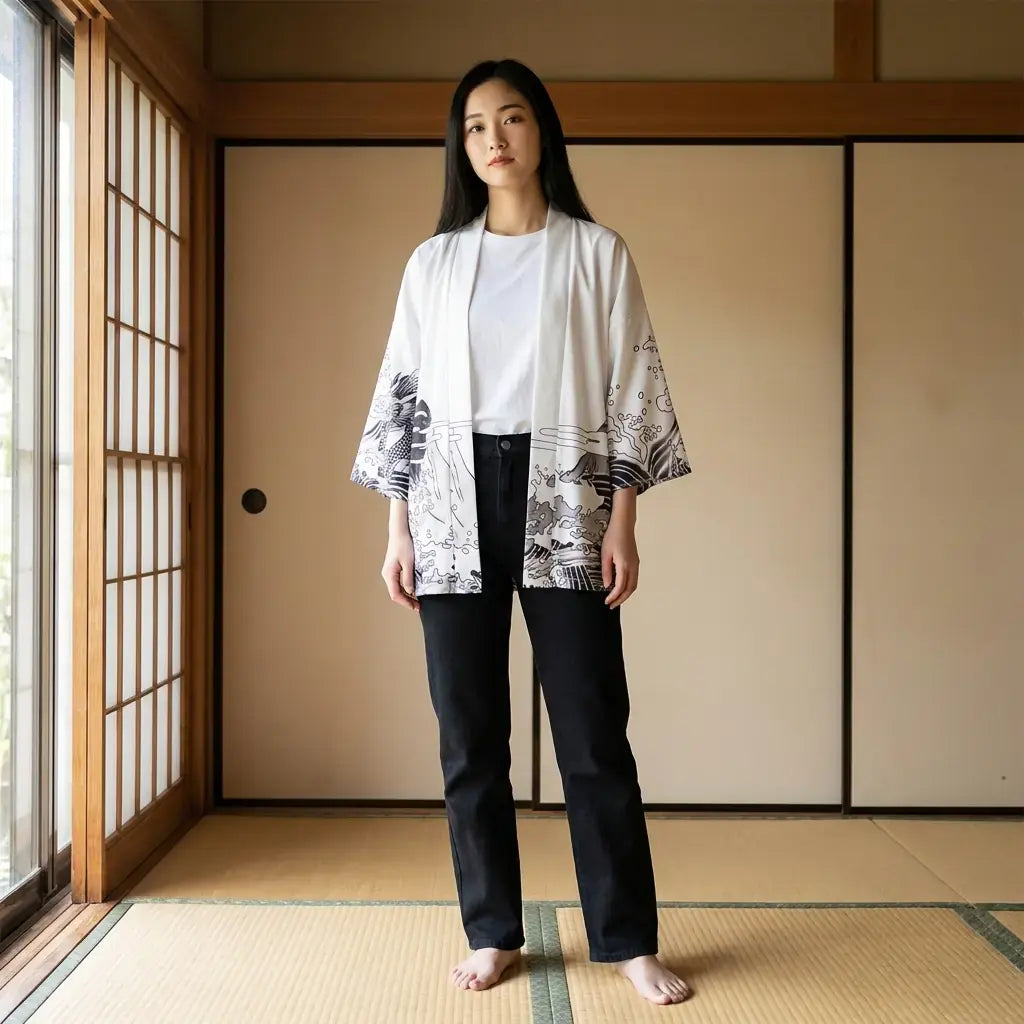 Veste Dragon Kimono porté par une femme dans une pièce japonaise traditionnelle