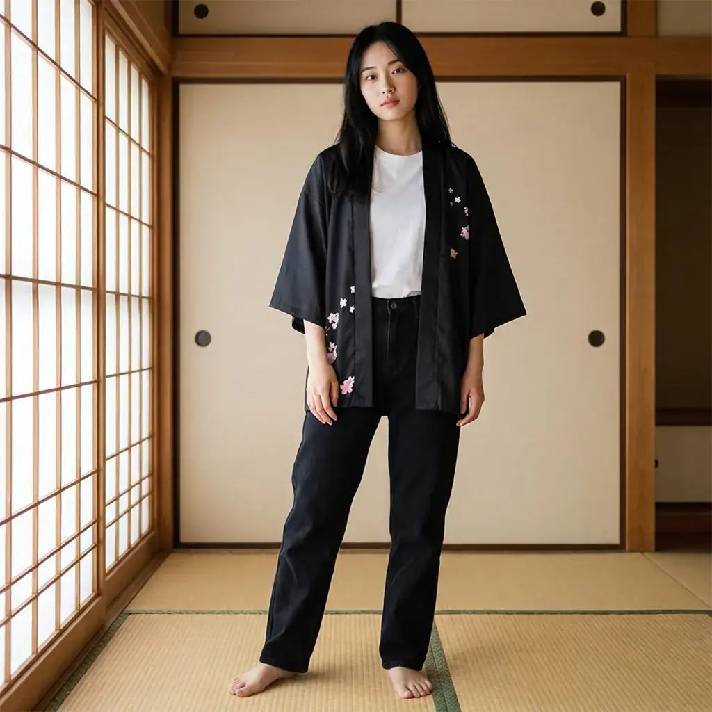 Kimono Fleuri porté par une femme dans une piÚce japonaise traditionnelle
