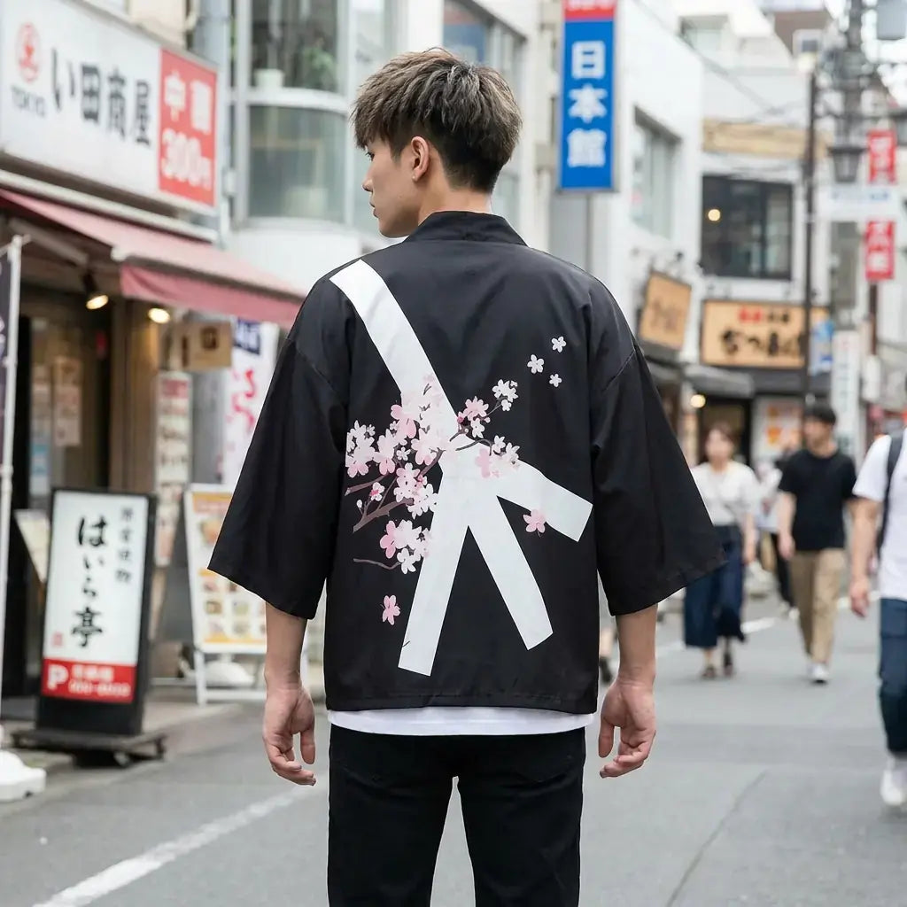 Kimono Fleuri porté par un homme dans une piÚce japonaise traditionnelle, vue de face