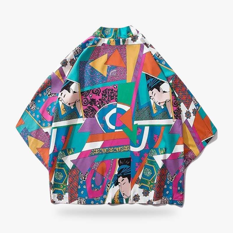 Kimono imprimé de motifs geisha ukiyo-e et symboles géométriques japonais